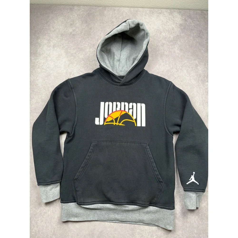 Jordan Brand Mens Small Black Gray Graphic Fleece Pullover Hoodie Jumpman Logo